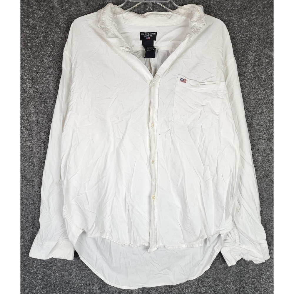 Ralph Lauren Jeans Co Button Down Women L White Flag Logo Cotton Shirt VG